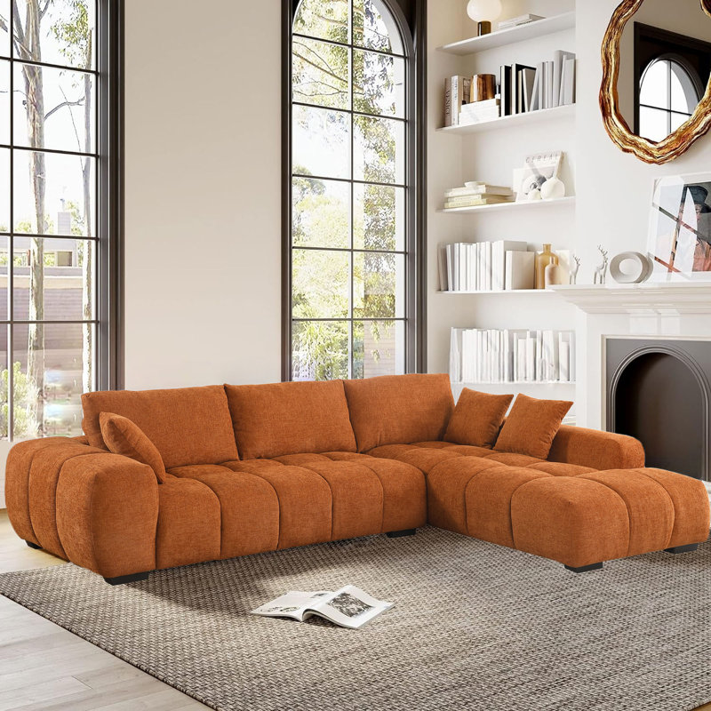 Swapan Modern Chenille Couch Sofa Sectional with Deep Tufted Seat Latitude Run Orientation Right Hand Facing Body Fabric Caramel Chenille